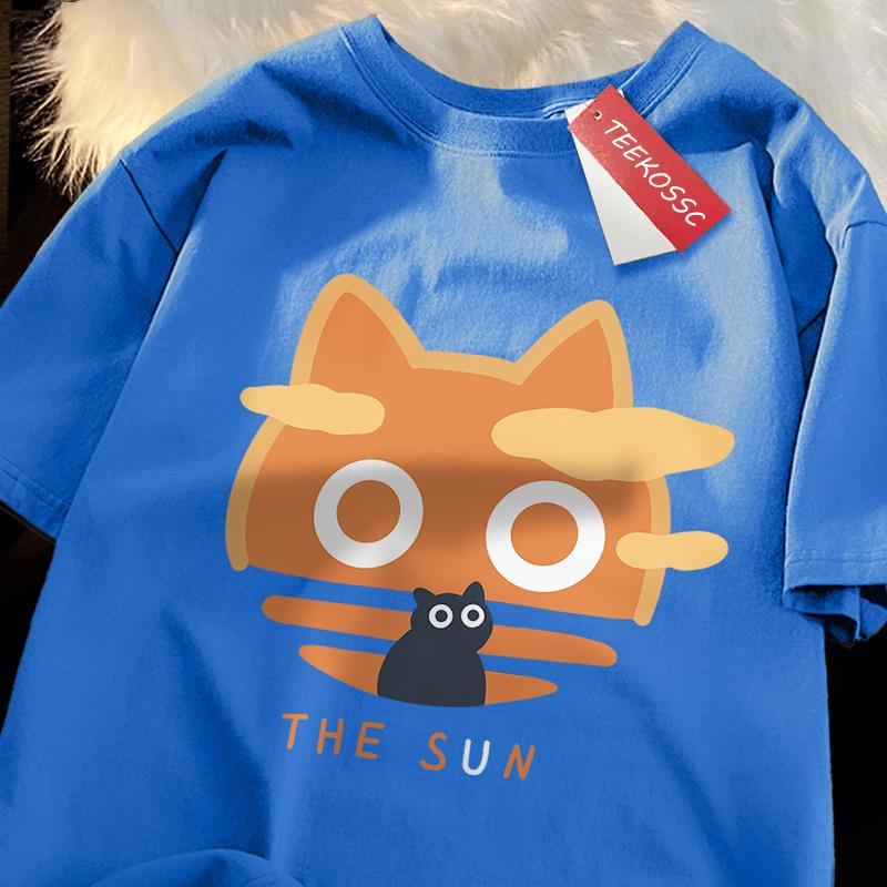 The Sun Orange Cat Fun Japanese Style Male Cotton O-Neck T-Shirt Summer Loose Oversize Clothes High Quality Brand Short Sleeve