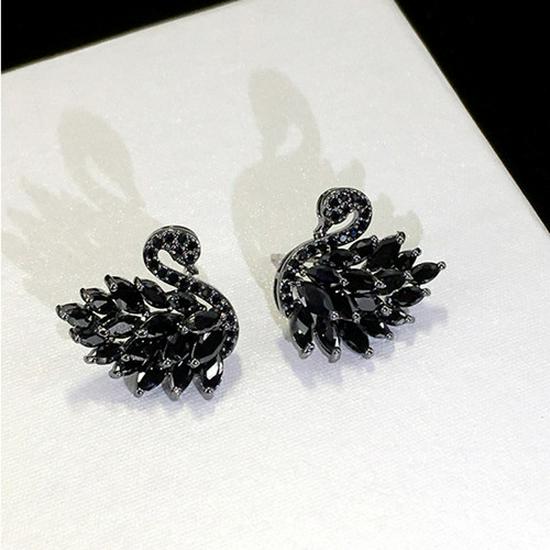 Korean Style Black & White Swan Zirconia Stud Earrings with S925 Silver Needle - Versatile & Elegant.