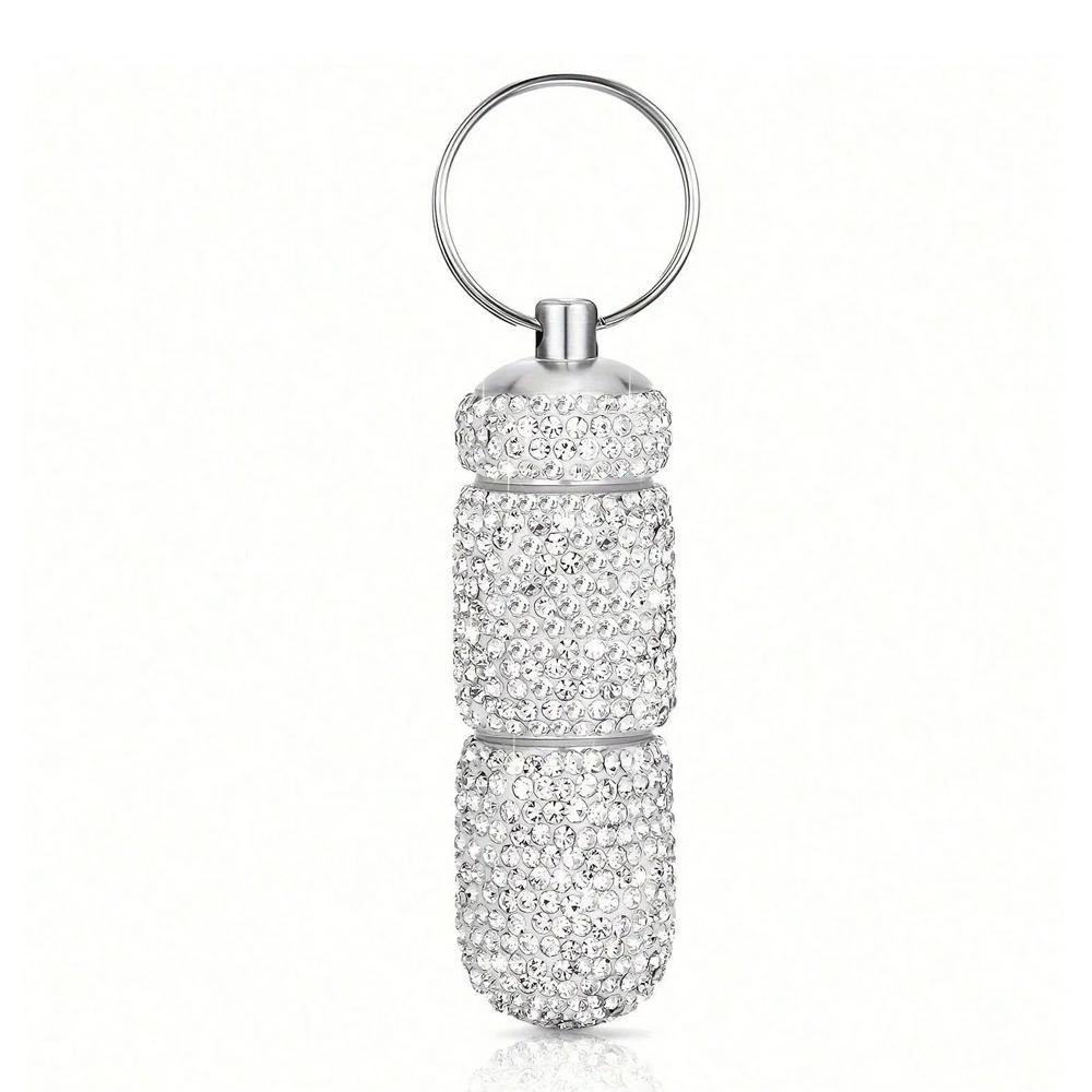 

Блестящий брелок-таблетница 2 отделения Маленький дорожный органайзер для таблеток Кристальный бриллиант Бутылочка для лекарств Бутылочка для таблеток Брелок серебряный