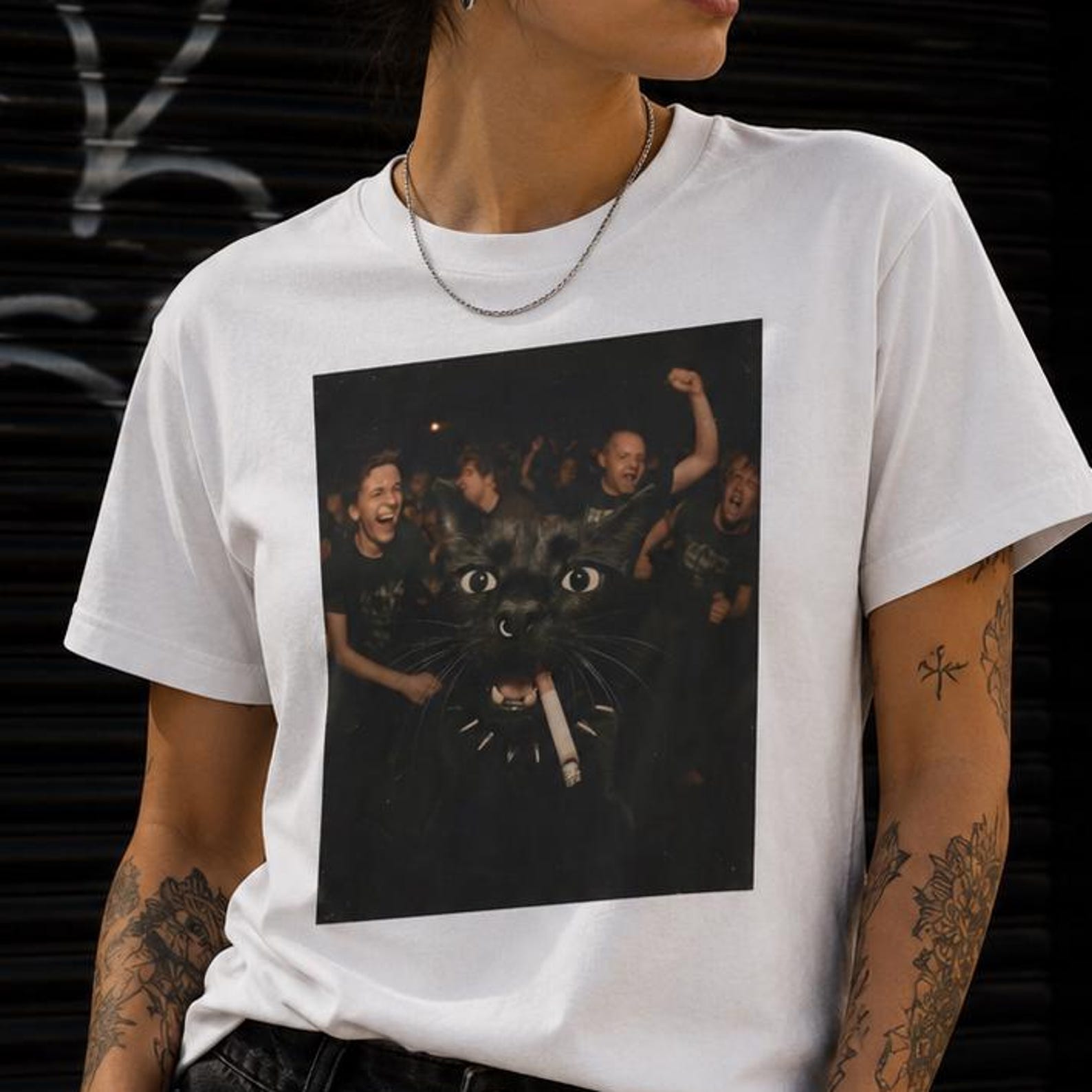 Black Cat Party Meme Shirt | Chaotic Cigarette Cat Graphic Tee, Funny Underground Concert Cat Shirt S