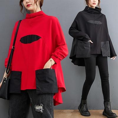 Women's Plus Size Irregular Big Size Tops Turtleneck Long Sleeve Patchwork Hoodie Sweatshirt with Pocket