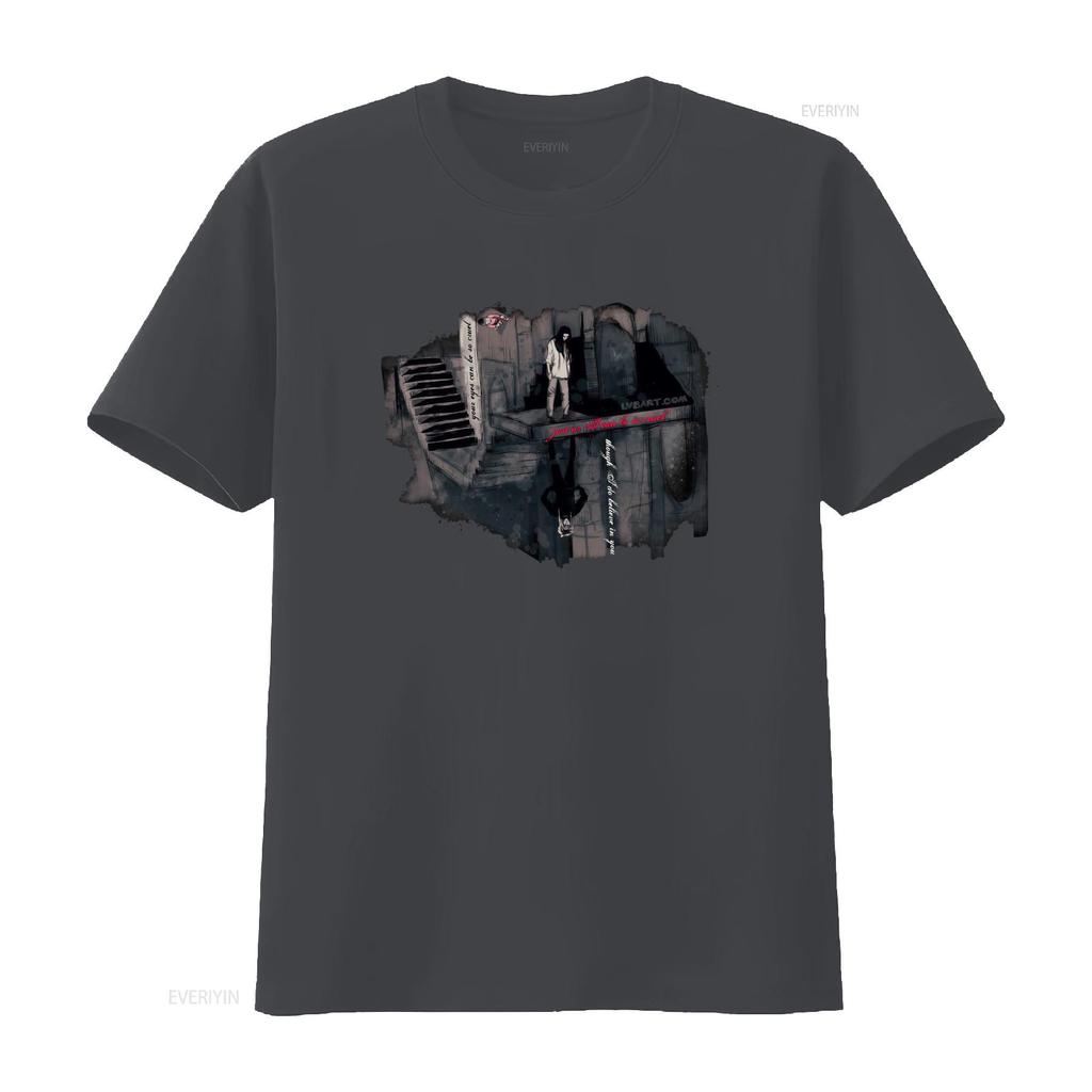Dark Gothic Sketch Piano Stair Mirror Figure Print Streetwear Casual T Shirt vintage Washed designer clothes Versatile homme