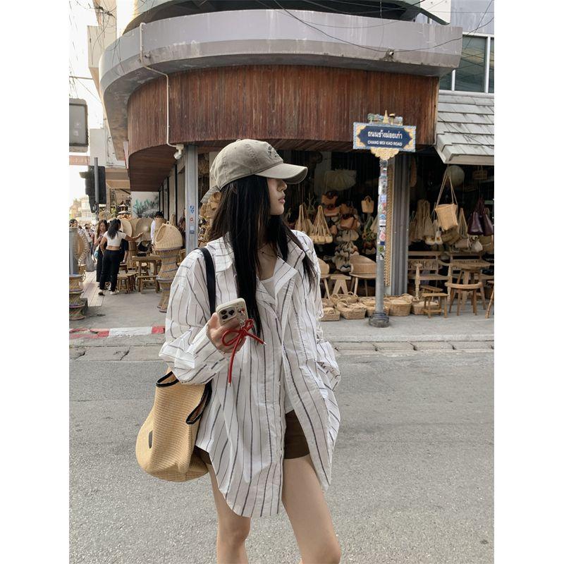 Kumikumi Idle Style Retro Vertical Stripes Loose Long Sleeves Shirt Women's Autumn Beautiful Temperament Wild Outerwear Top