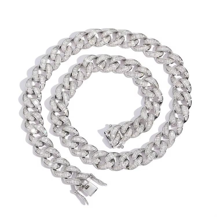 Factory Sell Real Gold Color Plated Hip Hop Brass and Rectangular Zircon 12mm Cuban Chain Bracelet Necklace for Men hip hop cuban chain necklace&16inch(40cm)