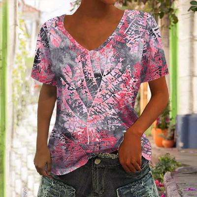 Summer New Women's T-shirt 3D Leaf Printing V-neck Short Sleeve Shirt Fashion Women's T-shirt Clothing Y2k Women's T-shirt