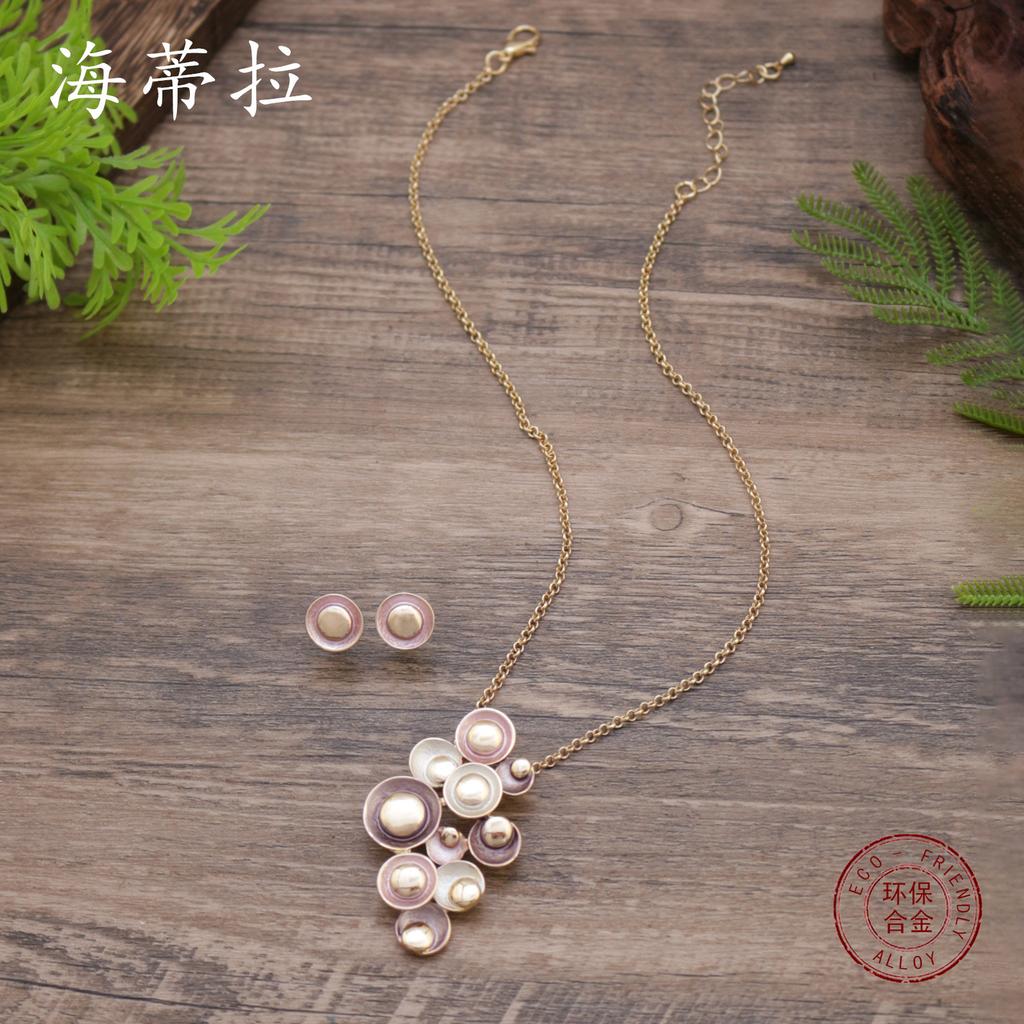 New Enamel Round Flower Stud Earrings Pendant Set, Women's High-end Glossy Enamel Necklace.