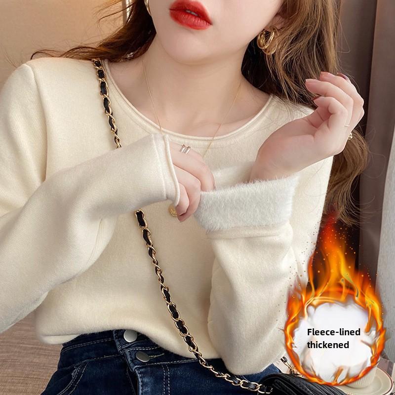 

GMXIA Crewneck Pullover and Fleece Thickened Sweater Women s Autumn and Winter Solid Color Base with A Knit Shirt Uniform size абрикосовый