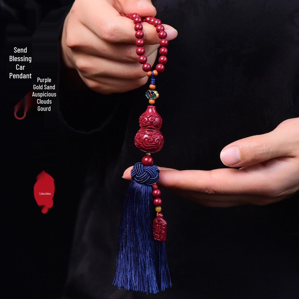 Cinnabar Auspicious Clouds Gourd Rearview Mirror Tassel - Premium Car Pendant Ornament