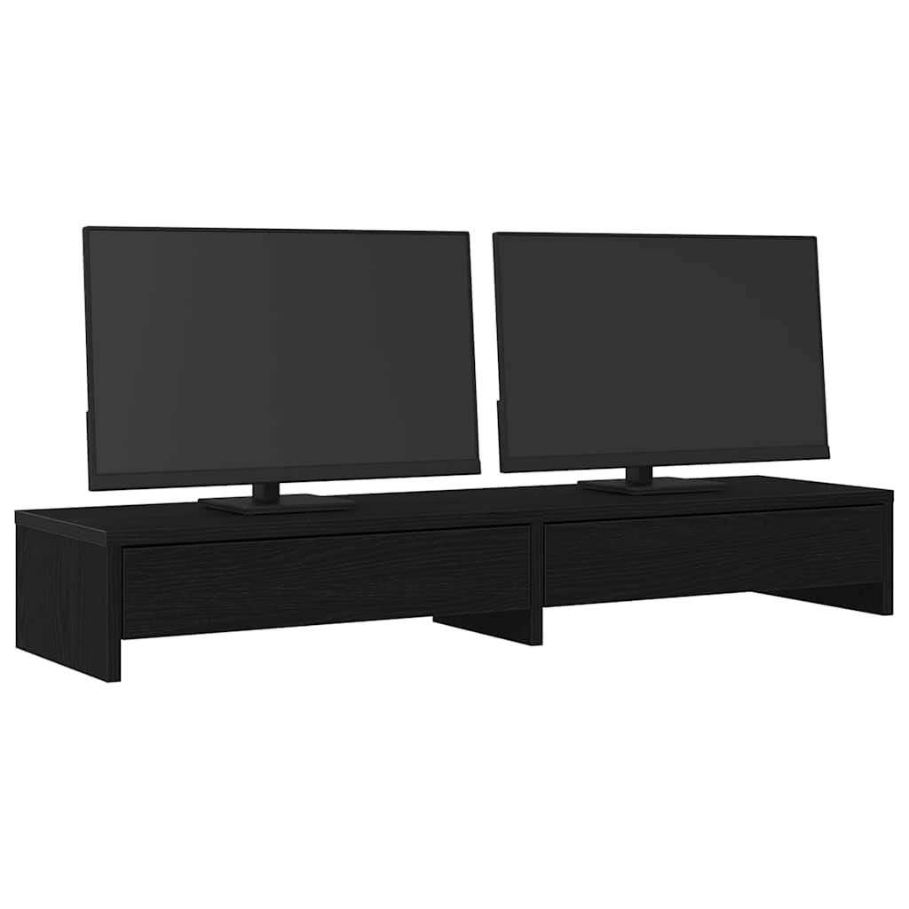 Dual Monitor Stand with Drawers Black Oak Effect 100 X 27 X 15 Cm