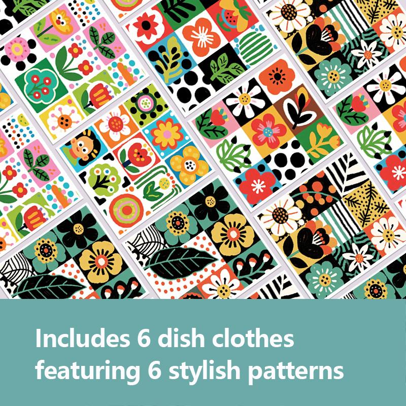 6PCS Cleaning Dishcloths Reusable Kitchen Dish Towels Retro Memphis Style Floral Cloth Absorbent Lint Free Dishcloth Washable Duster Rags Tea Towels