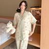 Thin Pajamas Girl Spring and Summer Cute Cartoon Print Short-sleeved Trousers Set Wrinkled Texture Breathable Loungewear