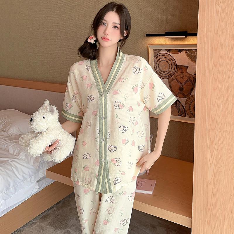 Thin Pajamas Girl Spring and Summer Cute Cartoon Print Short-sleeved Trousers Set Wrinkled Texture Breathable Loungewear