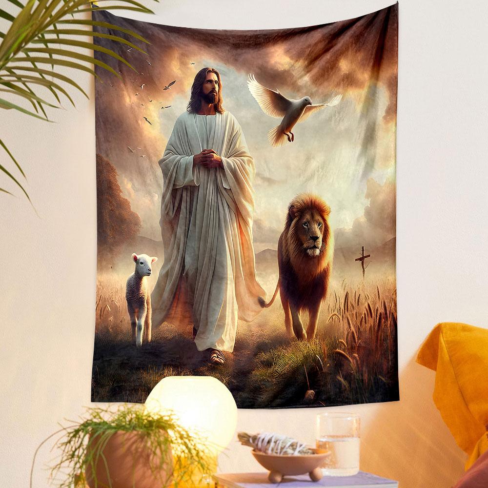 Lion, Lamb, and Dove with Peaceful Savior Patterned tapestry home decor, suitable for bedroom and living room, gift