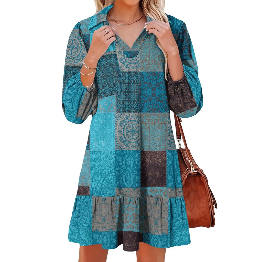 Women's fashionable and elegant long-sleeved V-neck pocket plaid print dress