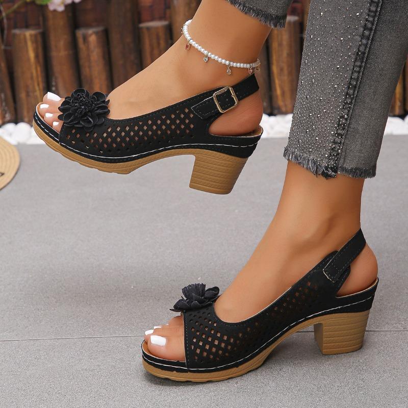 Flower High Heel Sandals Summer New European and American Fashion Block Heel Buckle Women's Sandals