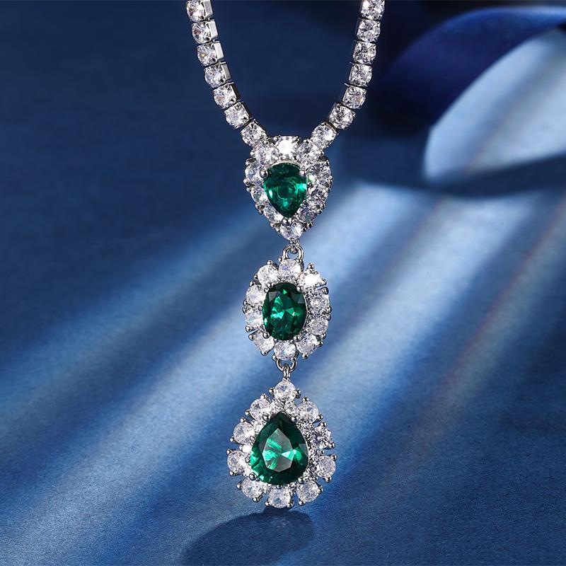 Luxury Fashion Emerald Sapphire Ruby Water Drop Long Pendant Zircon Tennis Necklace for Women Engagement Wedding Party Jewelry