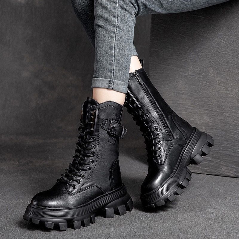 Fashion Autumn Winter Fleece-Lined Round Toe Leather Platform Ladies Mid Calf Shoes Chic and Elegant with Laces Women's Half High Boots