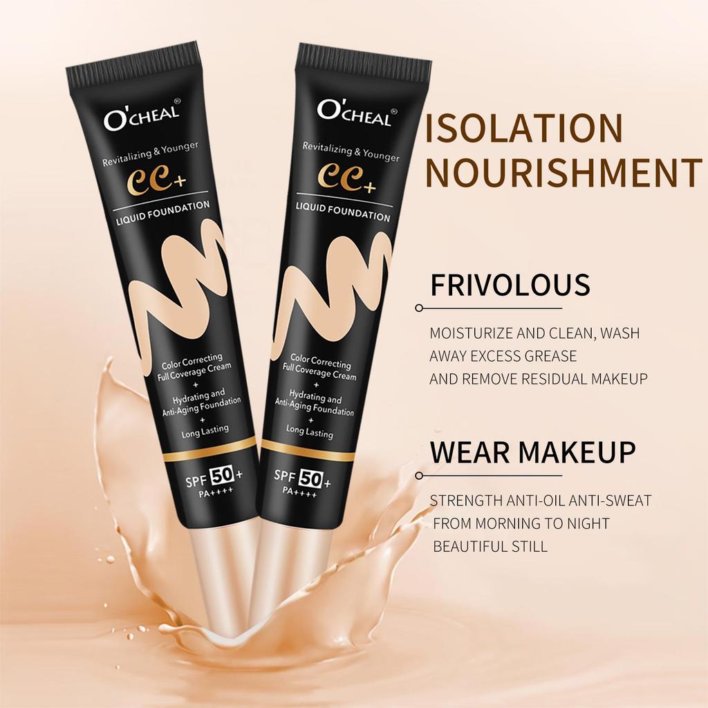 Ocheal 30g Crema Solare BB/CC SPF 50/PA+++ Crema Fondotinta Liquida per Viso Anti-Età Lunga Durata Copertura Totale Crema Cipria