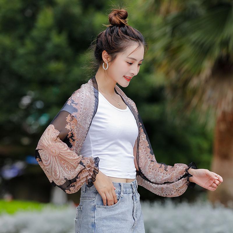 Cashew Print Chiffon Sunscreen Cardigan with Sleeves - Women's Summer Shawl Scarf