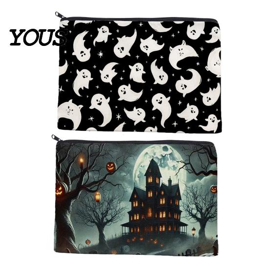 Canvas Pencil Case Storage Bag, Halloween Pattern Print, Durable Zippered Organizer Travel Toiletry Case, for Makeup And Stationery Cosmetic Bag