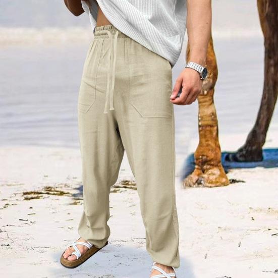 Men Pants Drawstring Elastic Waist Straight Leg Loose Solid Color Pockets Sweat Absorption Daily Wear Casual