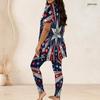 Women Plus Size Printed Two Piece Set Round Neck Short Sleeve Longline Top Fitted Pants Green Blue White