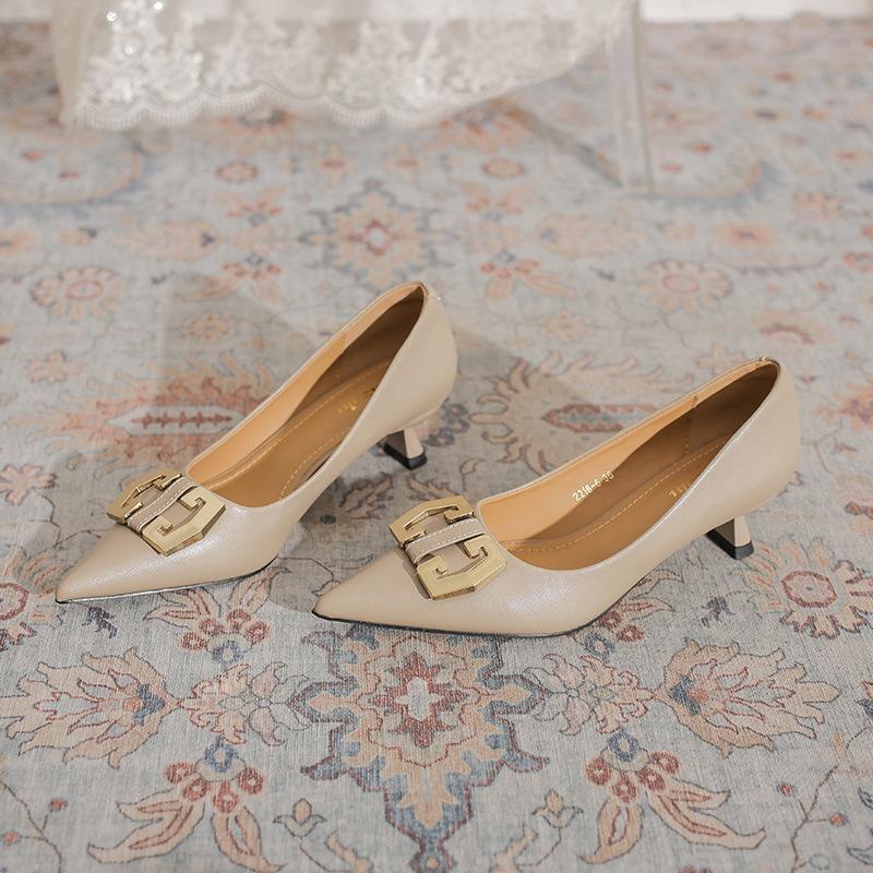 2216-6 European Station 2025 Spring New Fashion Square Buckle High Heels Professional Commuter Middle Heel Cat Heel Single Shoes Women