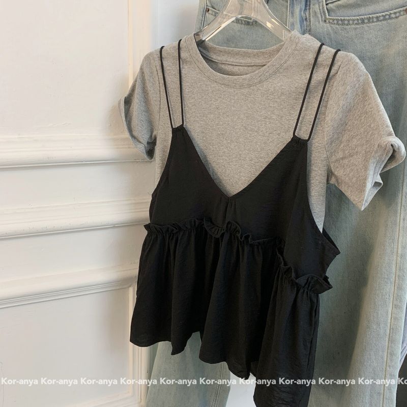 

Kor-anya Комплект из двух предметов: футболка с коротким рукавом и топ-бандо Summer Casual Western Style Sweet Gyaru Gray and Black S