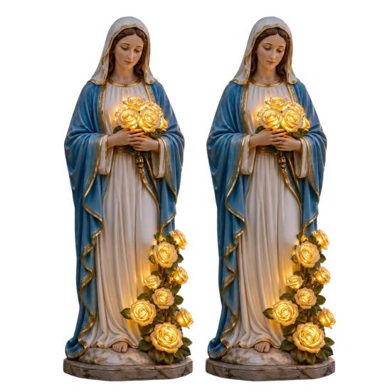 Yousheng Virgin Mary Garden Light, Outdoor Mary Statue with LED Glowing Rose, Blessed Mother Figurine for Catholic Garden Lawn Patio Decor, Memorial