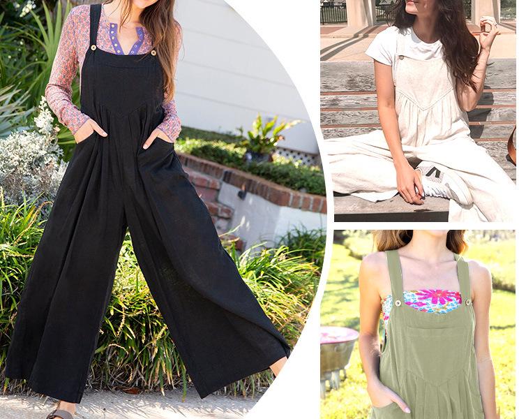 2023 European & American Women's Solid Color Casual Cotton Linen Strappy Jumpsuit