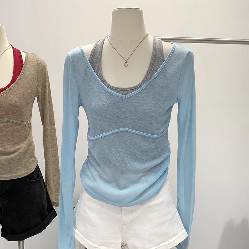 

Pure desire style design neck vest + micro-transparent collar sunscreen blouse and shirt women s spring and summer new two-piece package XL синий