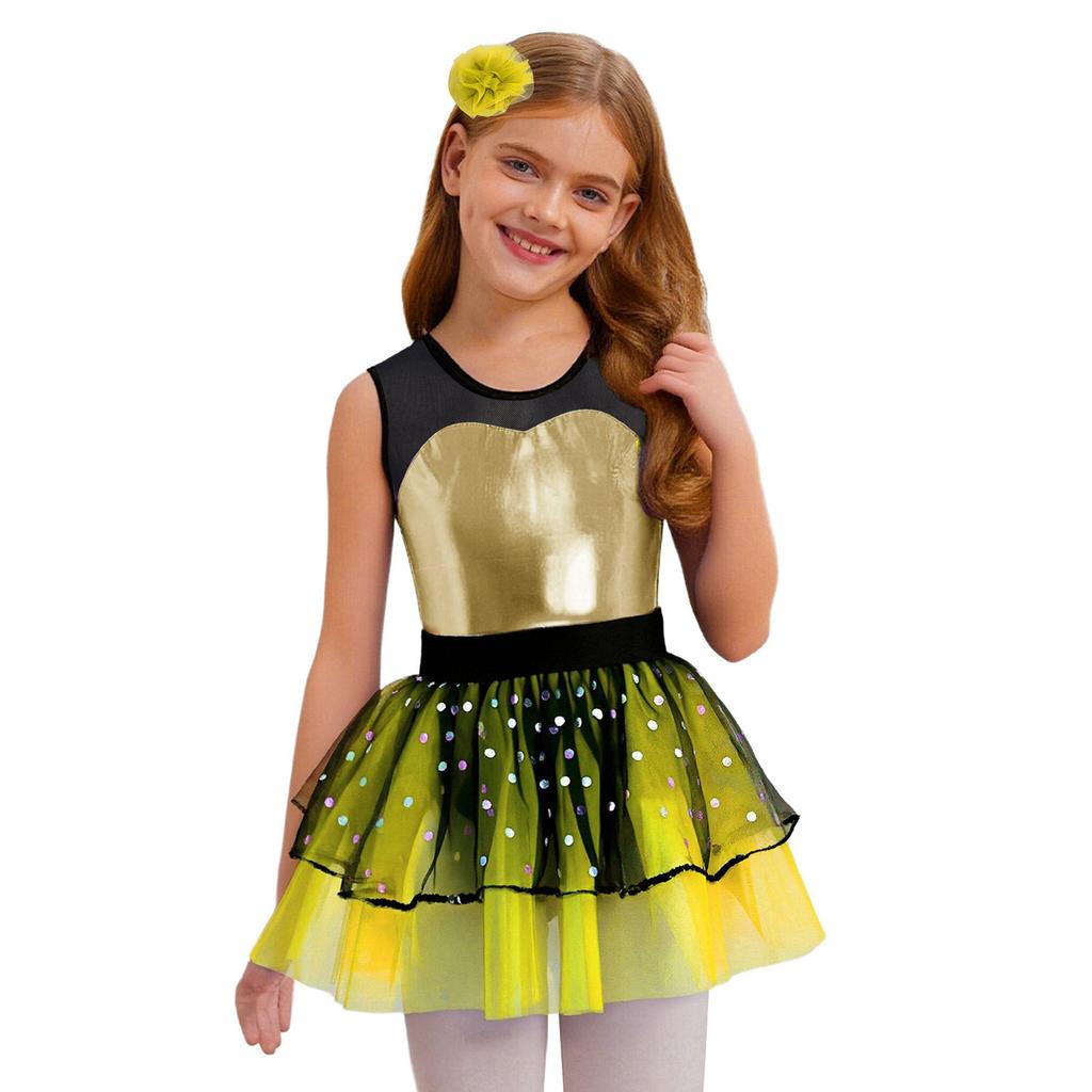 Sparkling Metallic Tutu Dress for Kids Girls: Sheer Mesh Patchwork Bodice with Tulle Skirt & Headpiece for Competition & Recital