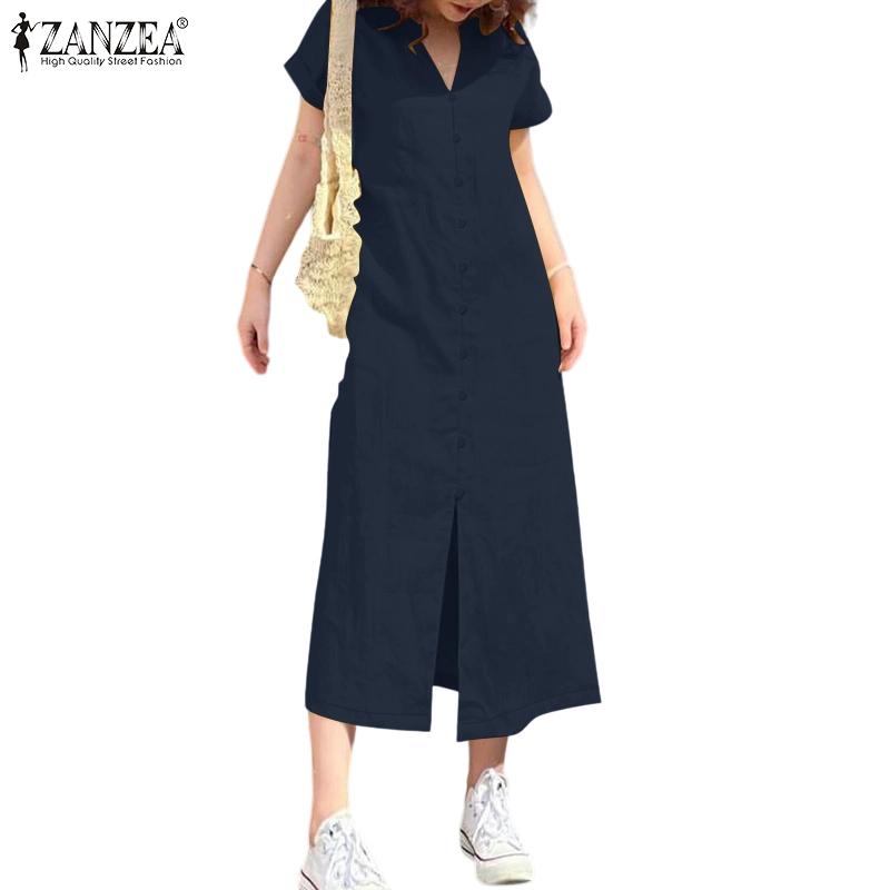 ZANZEA Women Casual V-Neck Summer Short Sleeve Long Dress