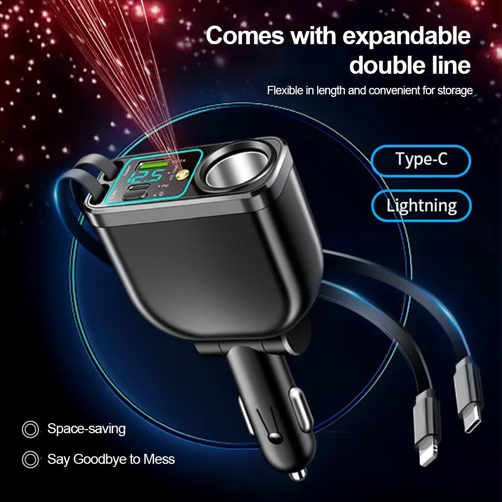 6-in-1 Car Charger with Retractable Type C ios Cable Cigarette Lighter Power Adapter PD USB Phone Charger with Voltage Display