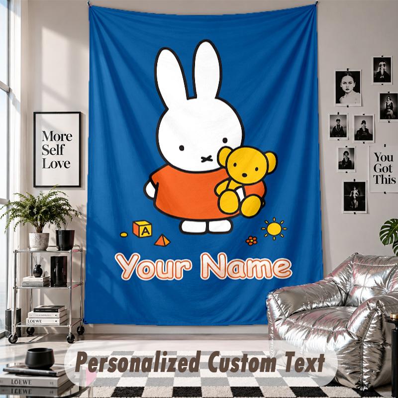 Wall Hanging Tapestry With Custom Name & Text, Miffy Decorative Tapestry For Bedroom