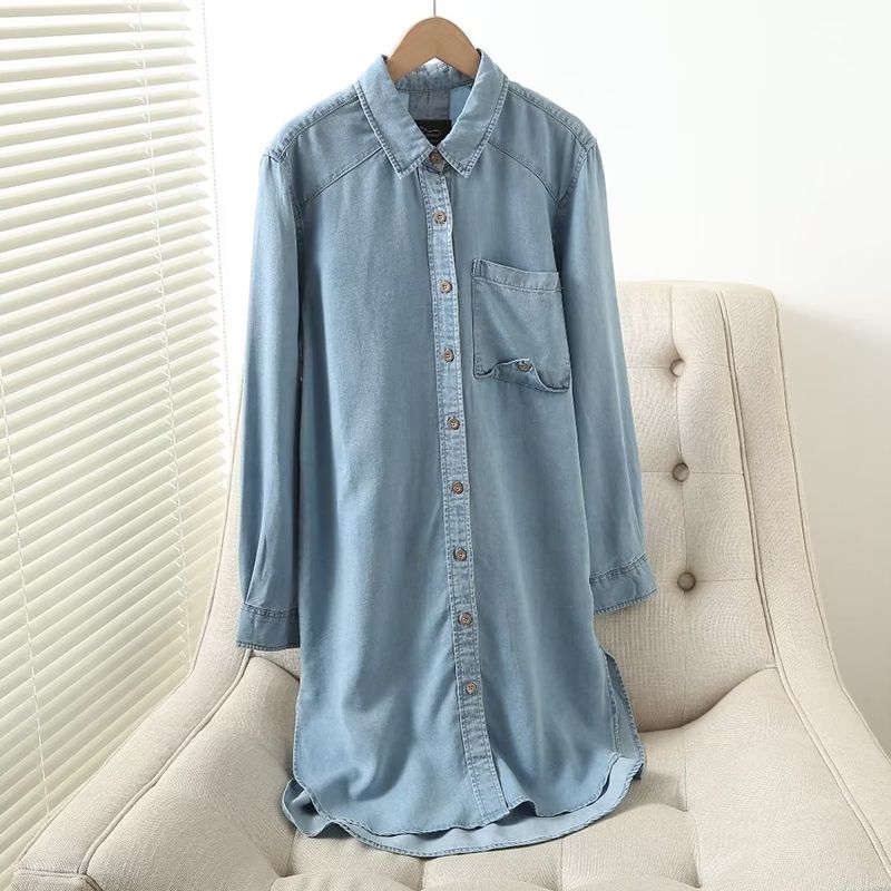 

Shirt Dress Casual Loose below the Knee Long Sleeve Tencel Cotton Washed soft light blue M