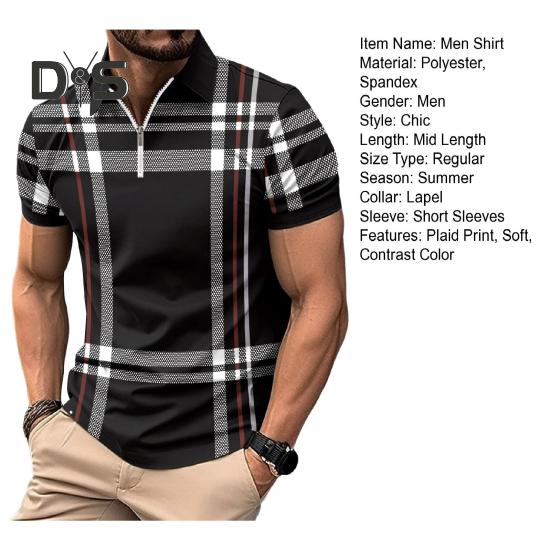 Men Summer Shirt Lapel Zipper Color Matching Plaid Striped Print Slim Fit Short Sleeve Pullover Mid Length Soft Breathable Men Business Top