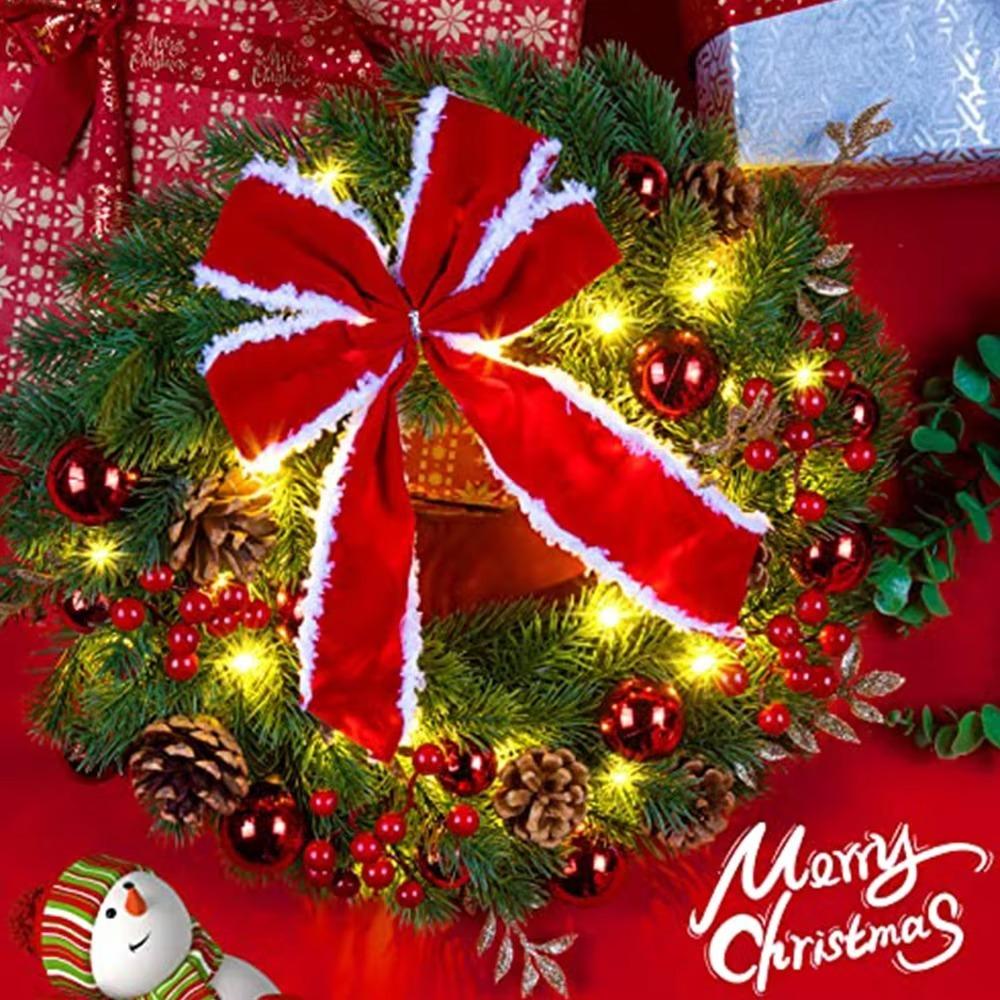 With LED Light and Bow Christmas Wreath Xmas Hanging Ornaments  Door