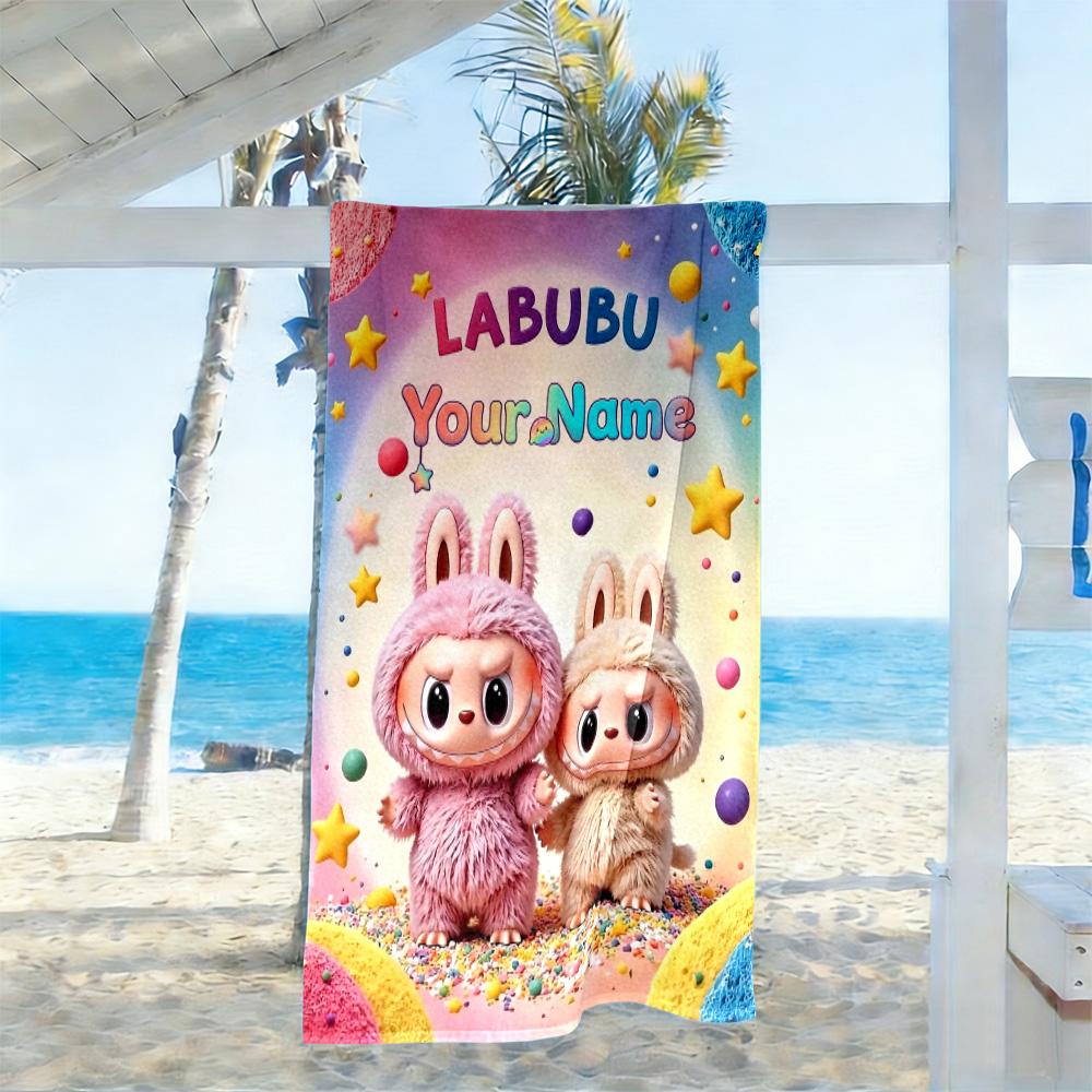 Labubu Customize Text Beach Towel Soft Durable Quick-Dry Ideal for Travel Outdoor Swim Pool Yoga Surf Camping Hiking Gym Gift Holiday