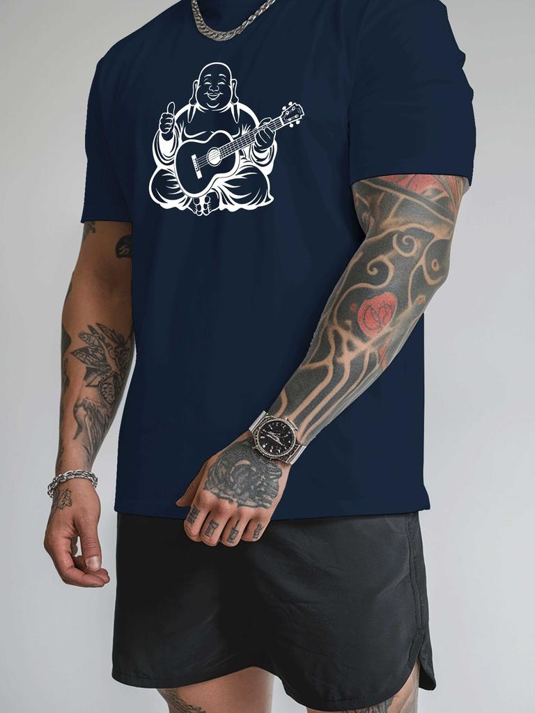 Mens Crew Neck T Shirt Laughing Buddha Playing Guitar Line Art Graphic Short Sleeve Casual Cotton Music Lover Streetwear Tees