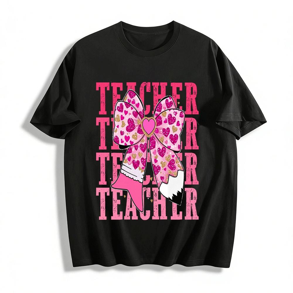Valentine s Day Teacher Bow Pencil Print Casual Top Pure cotton T-shirt XXS
