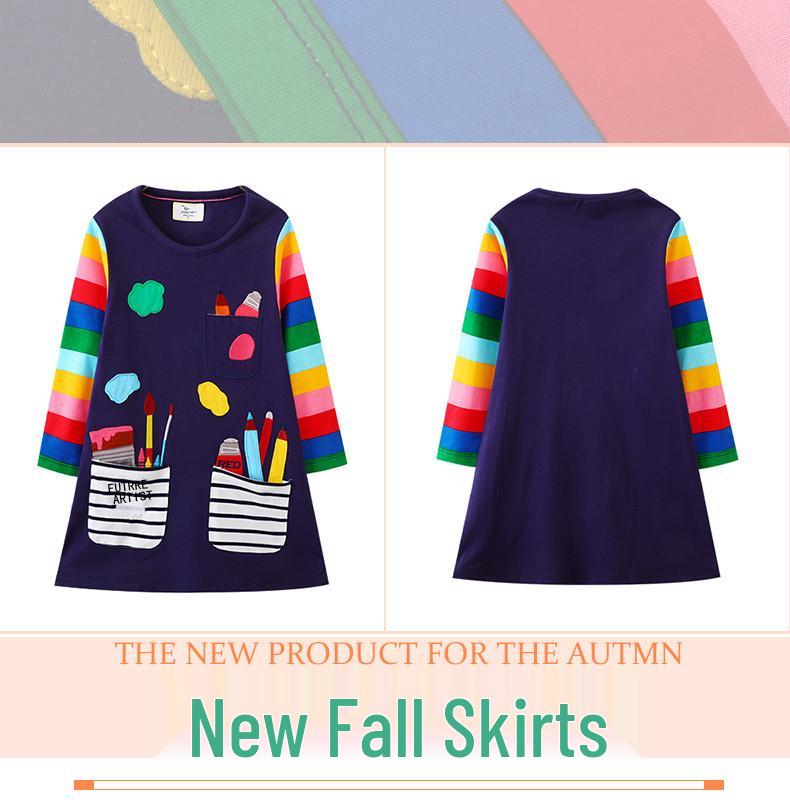 Girls' Short-Sleeved Cotton A-Line Dress with Embroidered Pocket