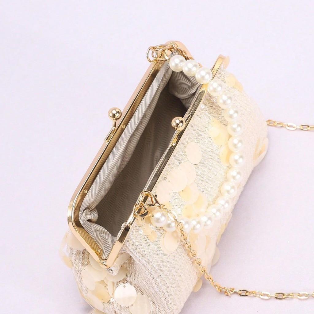 Shell Clutch Bag With Pearl Chain For Summer Vacation And Daily Use