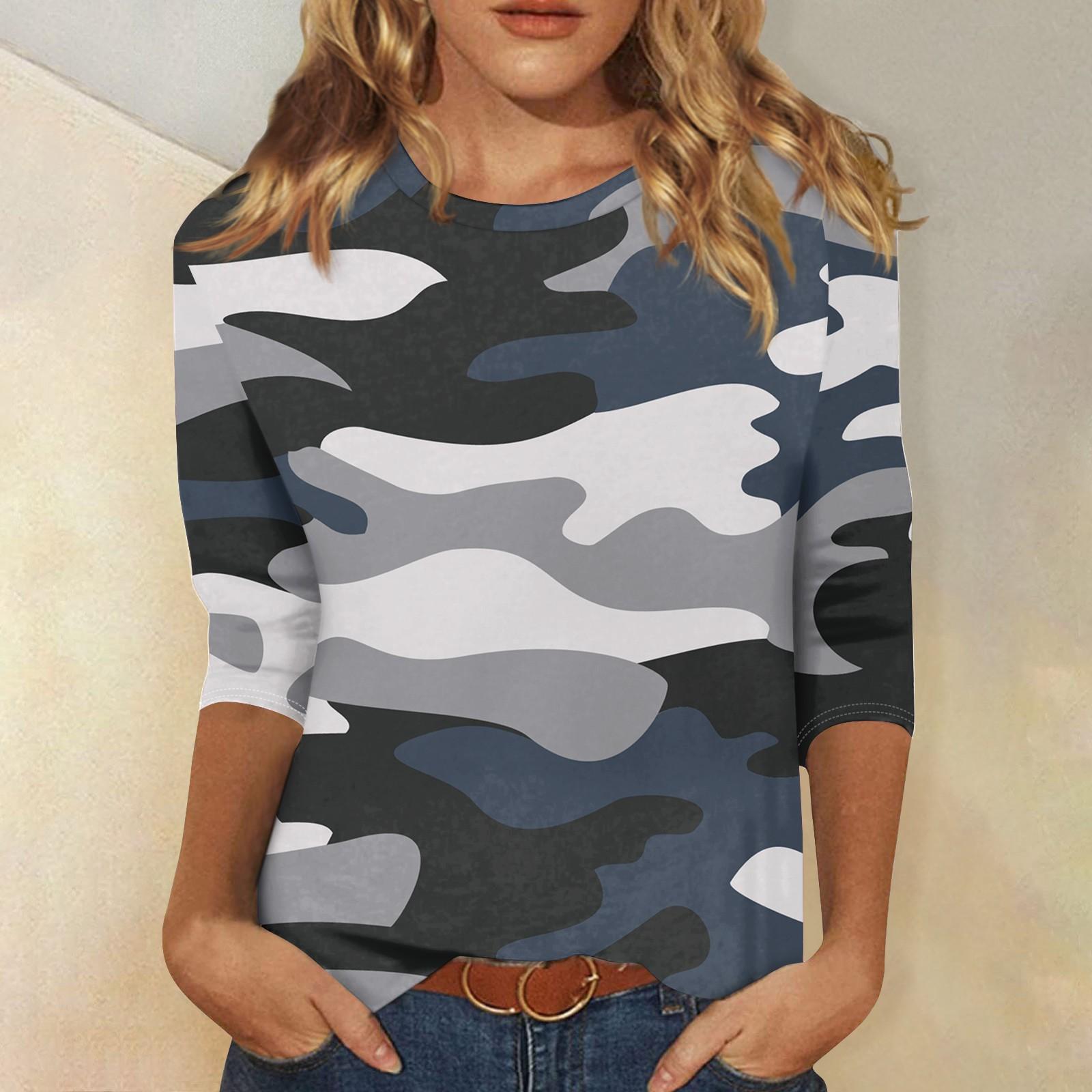 

Жіноча модна повсякденна футболка з камуфляжним принтом із сімома рукавами та круглим вирізом L