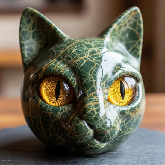Realistic Cat Head Sculpture Hand-Carved Cat Head Statue Figurine Home