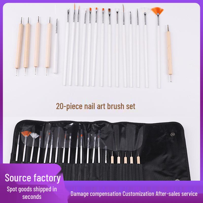 20-Piece Professional Nail Art Brush Set for Flower, Line, and Carving Designs