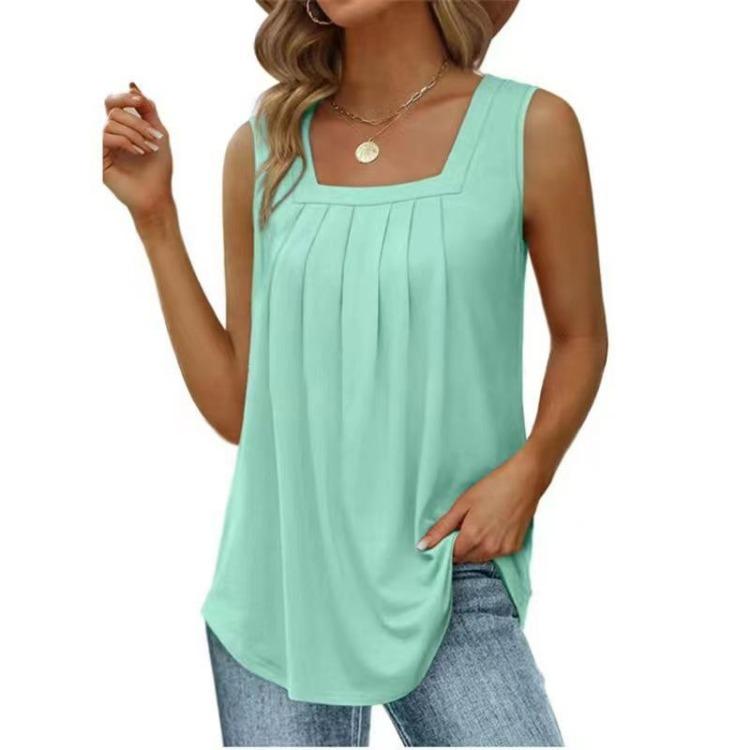 Summer Women T-shirt Sleeveless Vest Casual Square Neck Pullover Top Fashion Solid Color Pleated Female Clothing