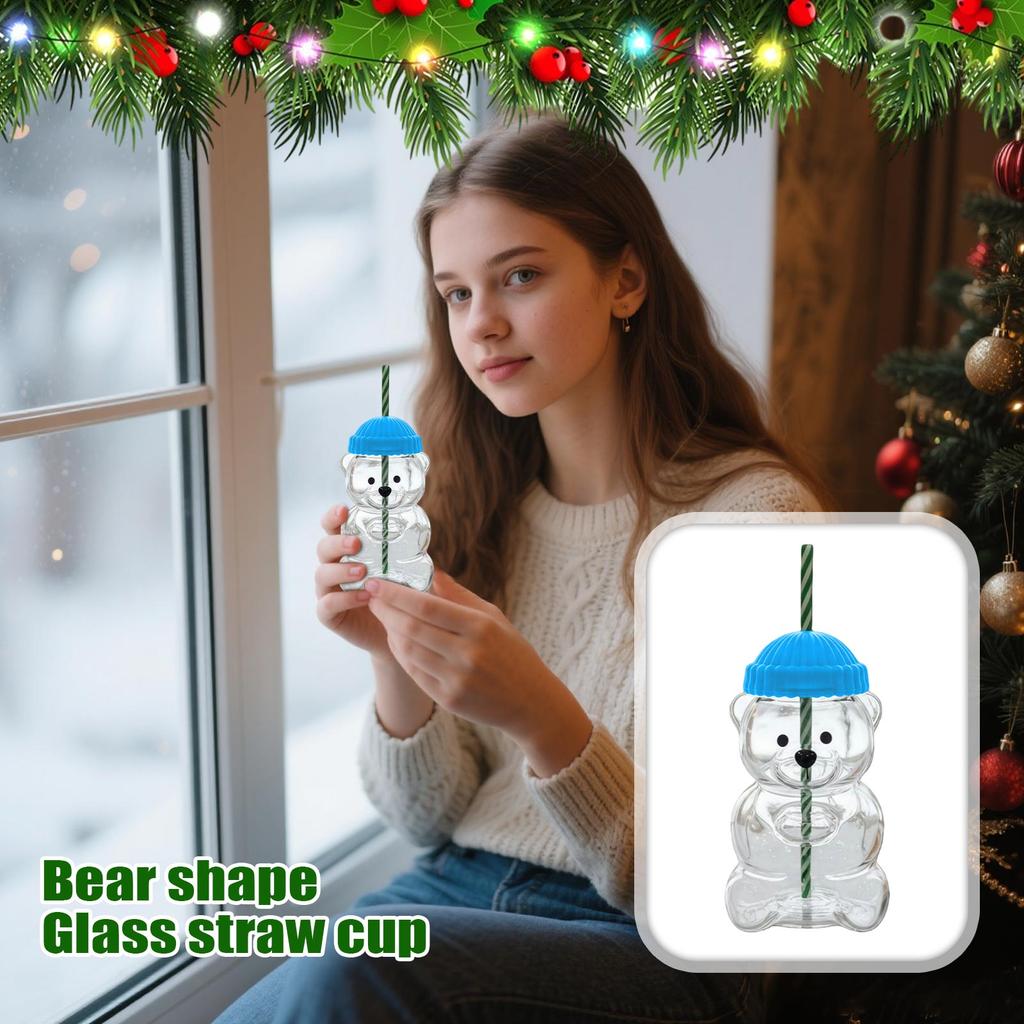 Bear-Shaped Glass Straw Cup: Cute Transparent Design, Green Hat Water Cup