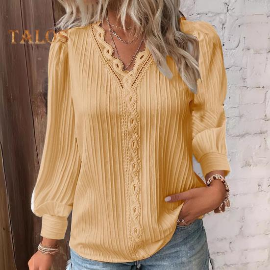 Koszula damska z dekoltem w serek, koronkowym wykończeniem, długim rękawem, jednokolorowa, luźna, z koronkową dekoracją