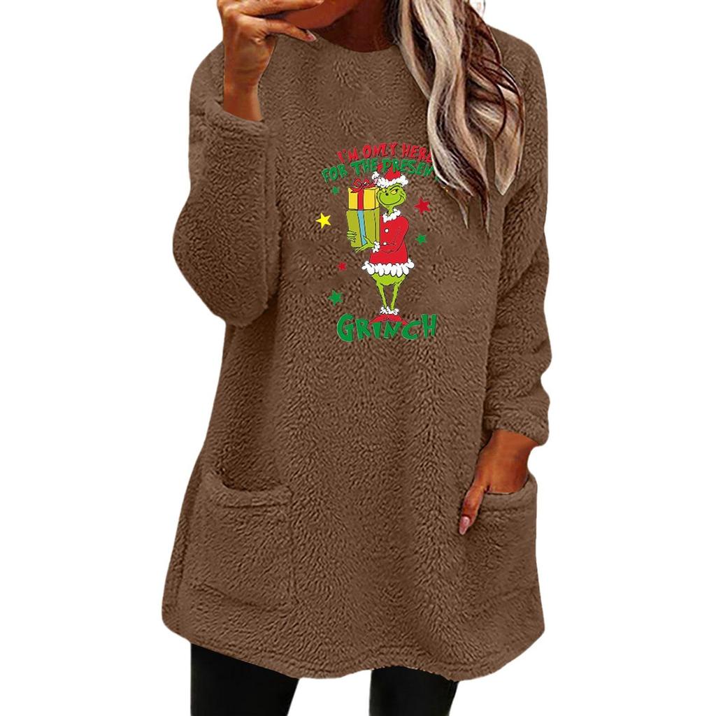 Women's Loose Long Sleeve Grinch Print Fleece Pocket Hoodie